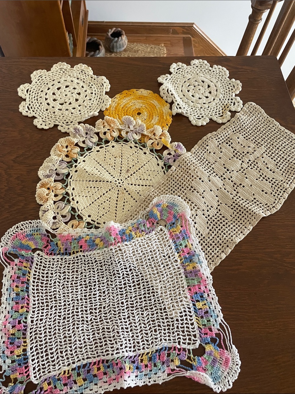 Handmade Crochet Doily & Table Accent Set in Cream, Yellow, Pastel Multicolor